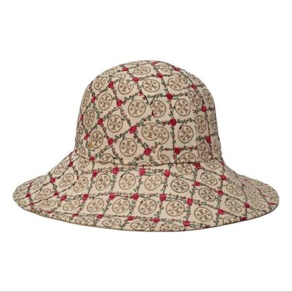 Tory Burch OS Beige Tan Red Monogram Embroidered Climbing Rose Bucket Hat - Picture 2 of 11